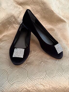 Talbots Black Velvet Flats with Rhinestone Square Accent